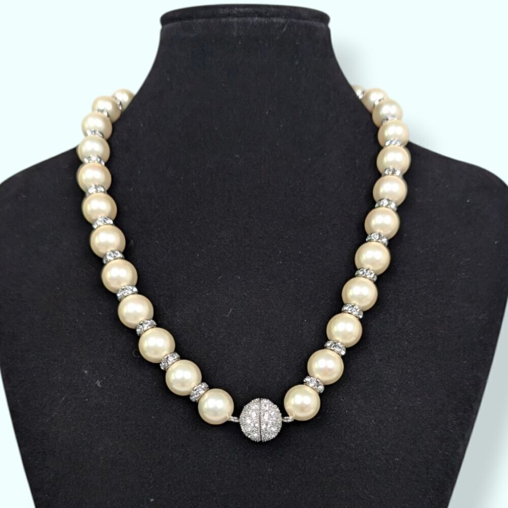 V. Glass Pearl Rhinestone Accent Necklace